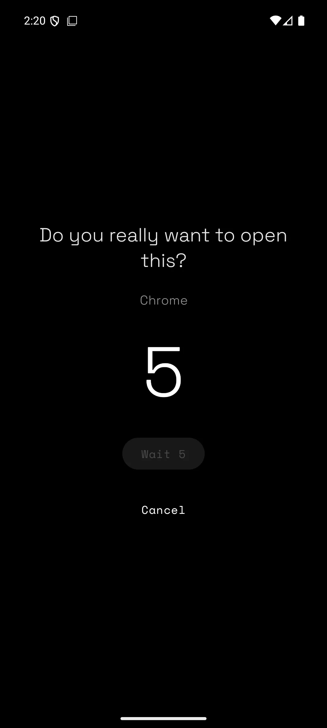 Minimalistic asking whether to open a distracting app before a countdown completes