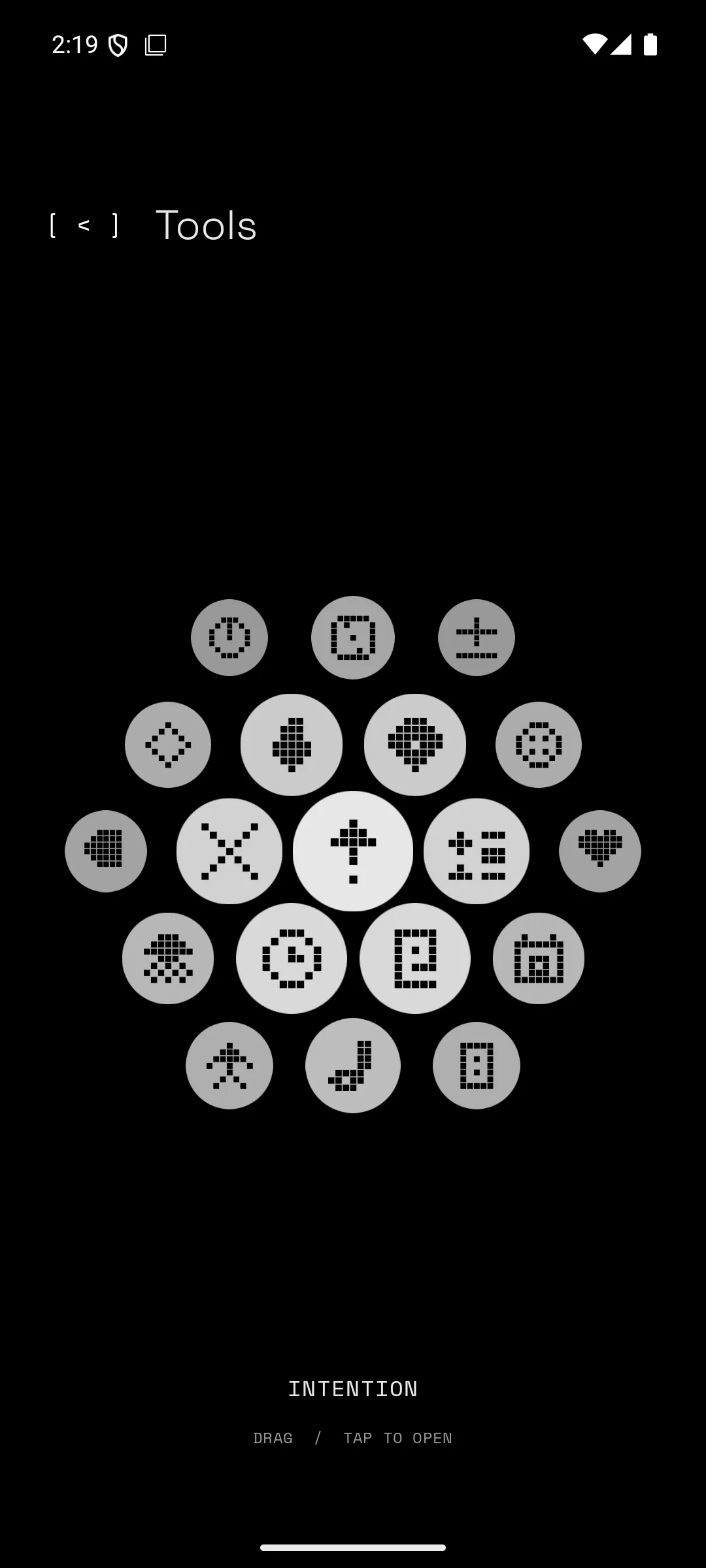 Minimalistic pixel tool launcher arranged as a movable honeycomb